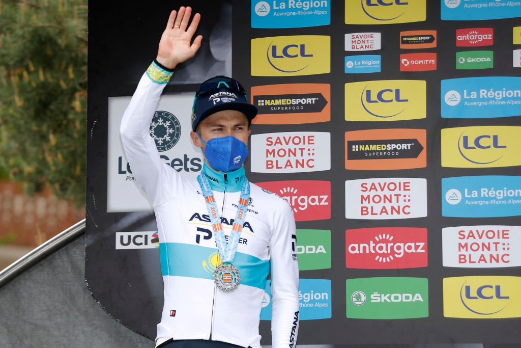 LES GETS FRANCE JUNE 06 Alexey Lutsenko of Kazahkstan and Team Astana Premier Tech celebrates at podium 2nd GC classification during the 73rd Critrium du Dauphin 2021 Stage 8 a 147km stage from La LchreLesBains to Les Gets 1160m UCIworldtour Dauphin dauphine on June 06 2021 in Les Gets France Photo by Bas CzerwinskiGetty Images