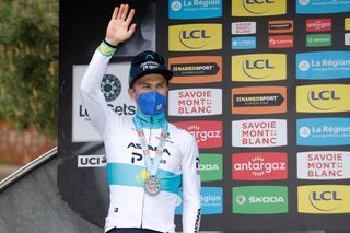 LES GETS FRANCE JUNE 06 Alexey Lutsenko of Kazahkstan and Team Astana Premier Tech celebrates at podium 2nd GC classification during the 73rd Critrium du Dauphin 2021 Stage 8 a 147km stage from La LchreLesBains to Les Gets 1160m UCIworldtour Dauphin dauphine on June 06 2021 in Les Gets France Photo by Bas CzerwinskiGetty Images