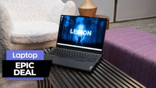 Lenovo Legion 5i Pro RTX 4060 gaming laptop on a tablet next to a white furry chair