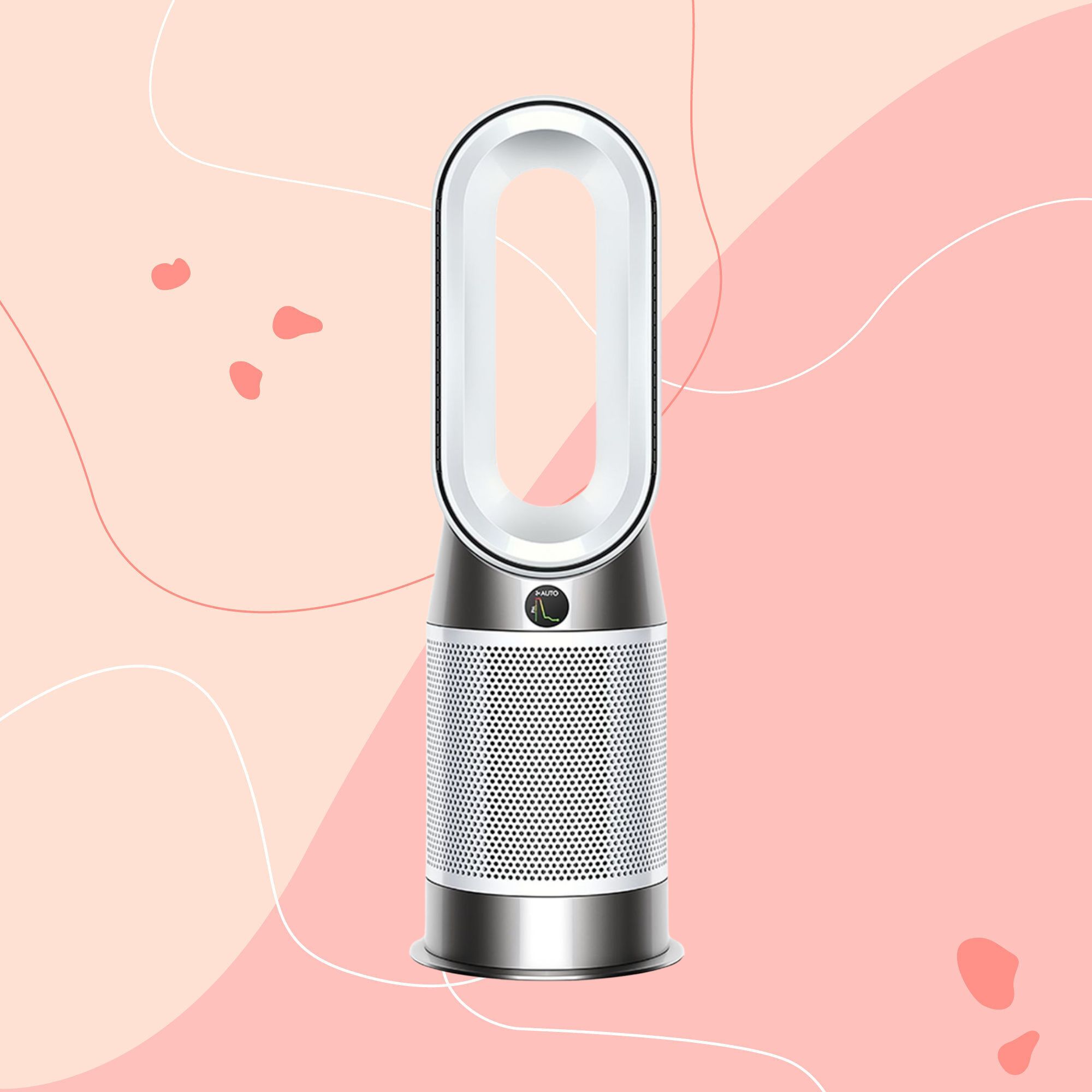 Dyson Purifier Hot+Cool HP1 Purifying Fan Heater on a pink background
