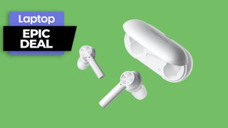 OnePlus Buds Z wireless earbuds against a green background