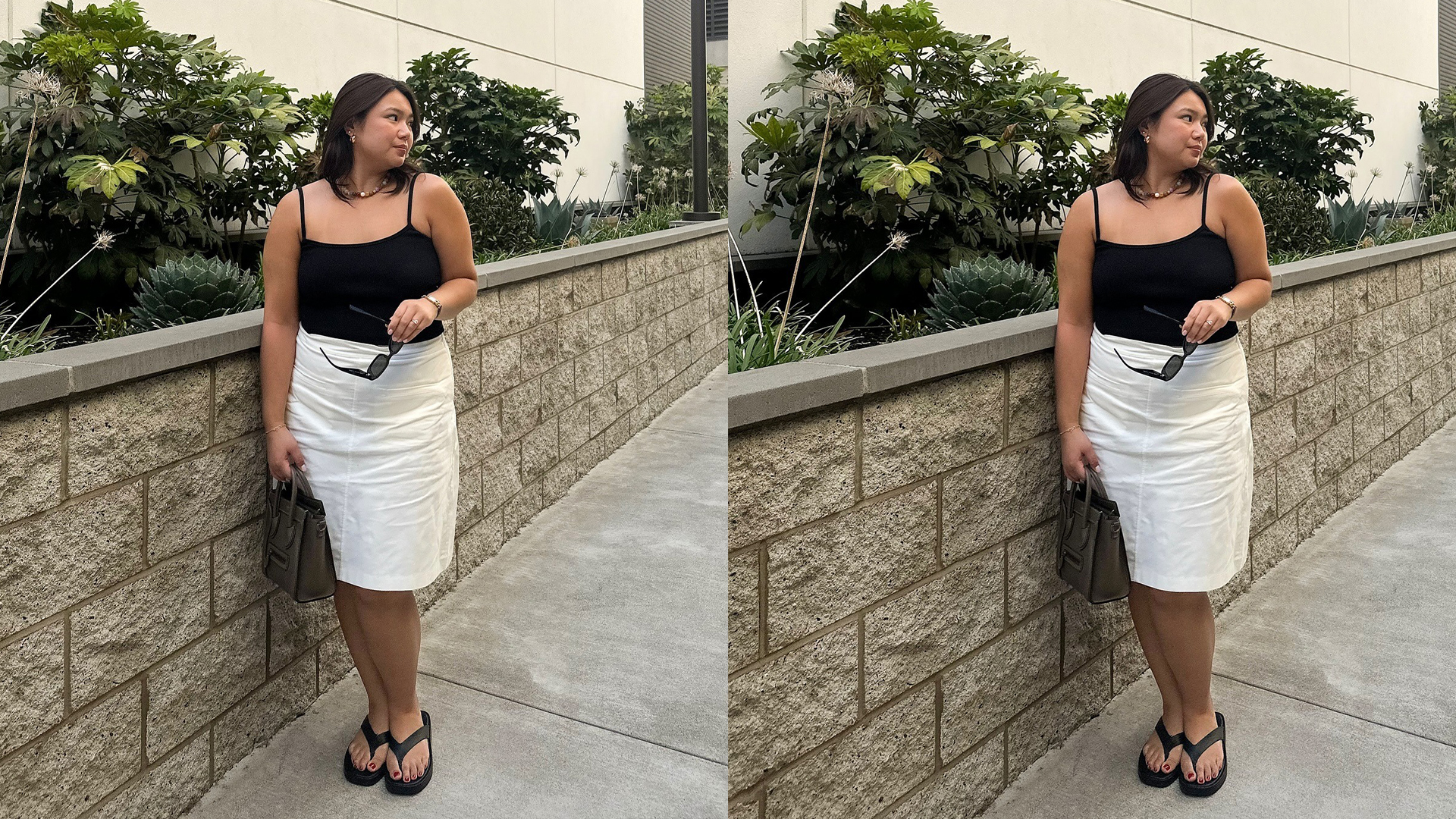 Marina wears black tank top, white linen skirt, and black flip flops while posing for a picture. 