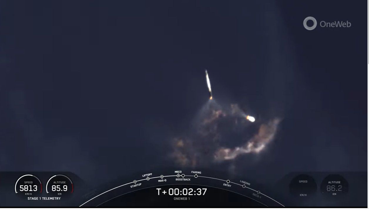 A SpaceX Falcon 9 rocket carrying 40 OneWeb internet satellites lifts off from NASA's Pad 29A at the Kennedy Space Center in Cape Canaveral, Florida on Dec. 8, 2022.