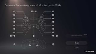 The DualSense Edge button mapping screen, showing a profile customized for Monster Hunter Wilds