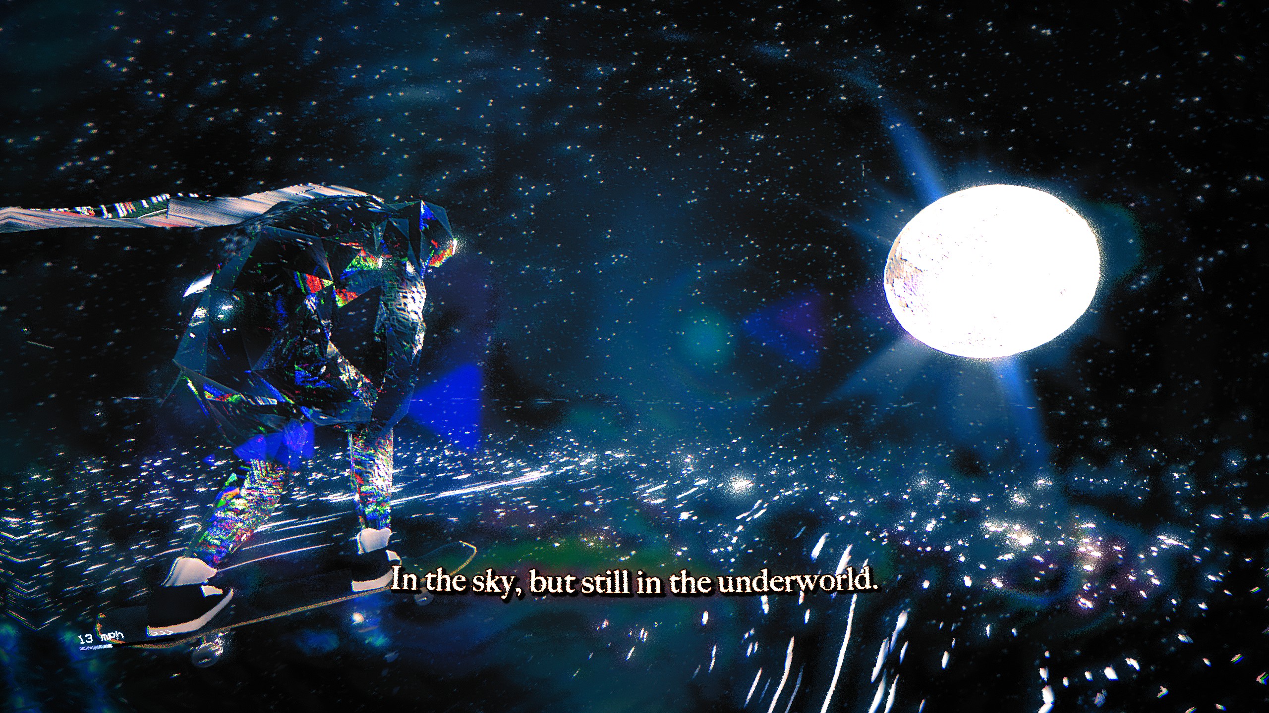 Skate story riding by moon with sparks on ground subtitle "In the sky, but still in the underworld"