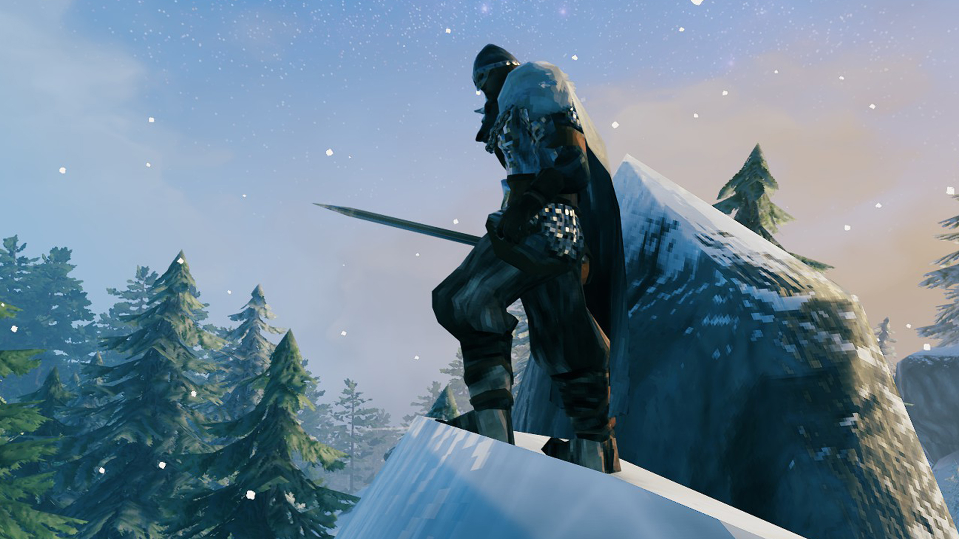 Valheim - a viking stands on top of a snowy peak wearing silver armor
