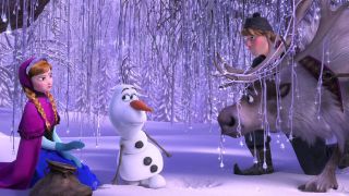 Anna, Olaf, Sven and Kristoff standing in the snow during the Disney movie Frozen.