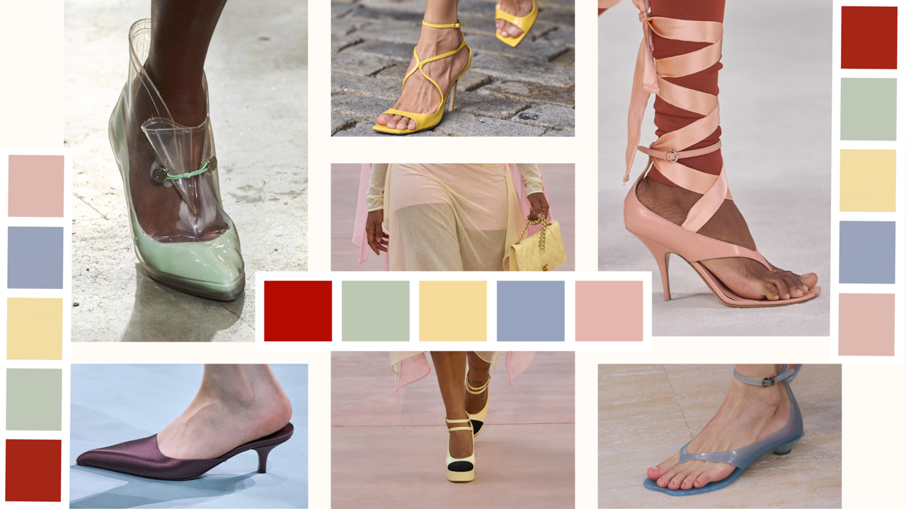 spring 2025 shoe color trends on the runways of Rabanne, Prabal Gurung, Ferragamo, Chanel, Prada, and Chloé 