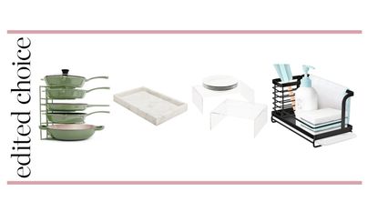 Livinetc graphic: Kitchen organizers on white background, including green pan holder, marble tray, translucent plate holders, black wire kitchen sink organizer