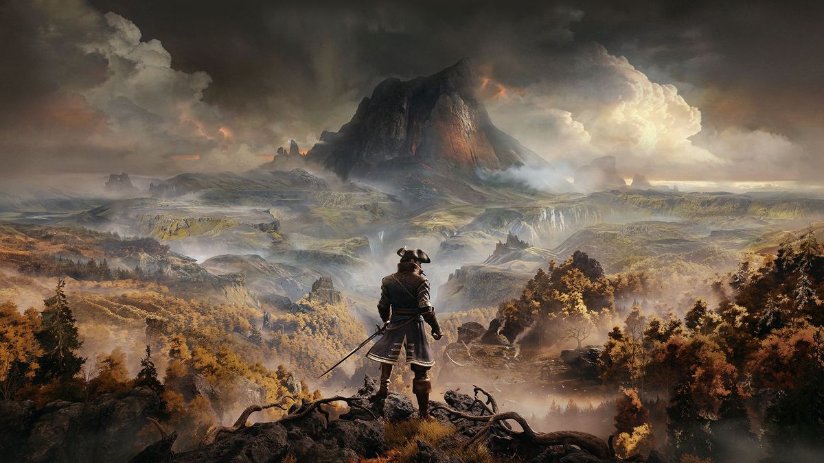 An adventurer in a tricorn hat stands in front of a volcano