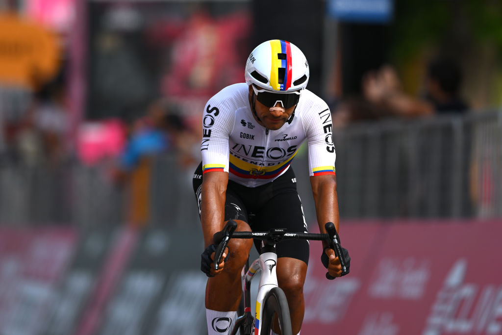 FANO ITALY MAY 16 Jhonatan Narvaez of Ecuador and Team INEOS Grenadiers crosses the finish line as second place winner during the 107th Giro dItalia 2024 Stage 12 a 193km stage from Martinsicuro to Fano UCIWT on May 16 2024 in Fano Italy Photo by Dario BelingheriGetty Images