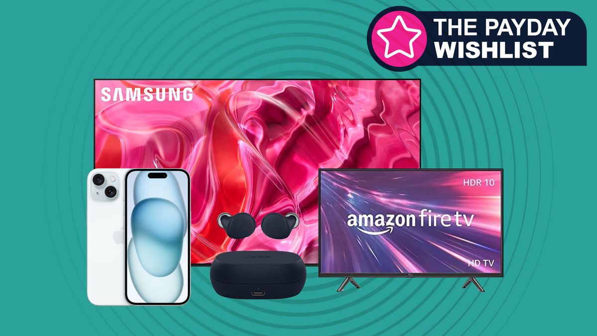 Samsung OLED, Amazon Fire TV, iPhone 15 and Jabra earbuds on a blue background