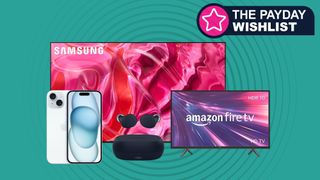 Samsung OLED, Amazon Fire TV, iPhone 15 and Jabra earbuds on a blue background