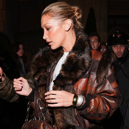 Bella Hadid wearing a patchwork fur lined jacket