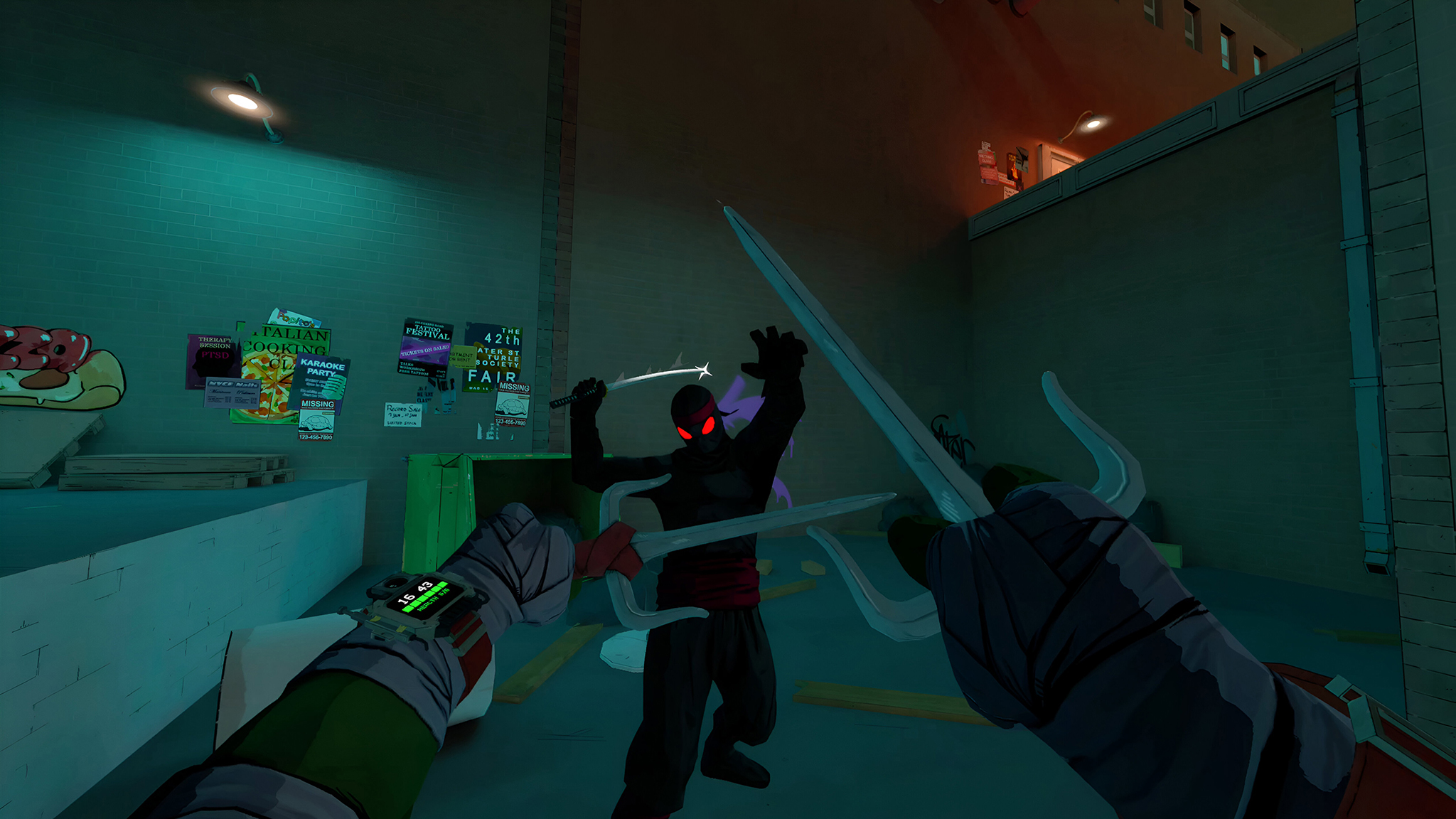 An official screenshot of TMNT Empire City on the Meta Quest 3, showing combat with a Footclan member