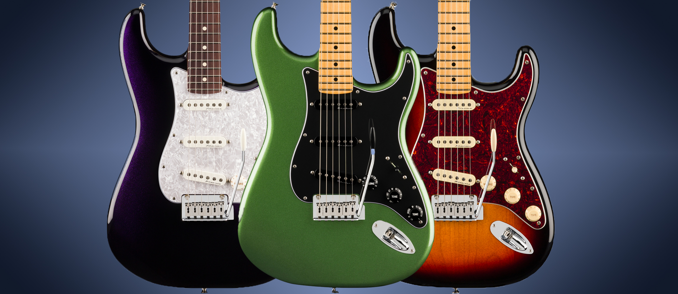 A composite 23:10 photo of showing the Fender Player II Modified Strat in its three finish options