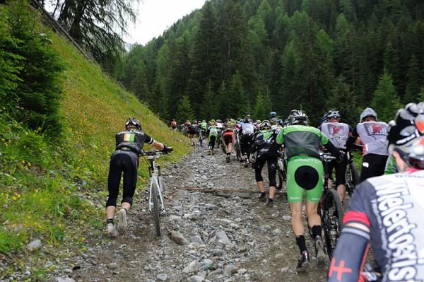 Racers climb to the high point of the 2012 TransAlp, the Idjoch (2,737m)