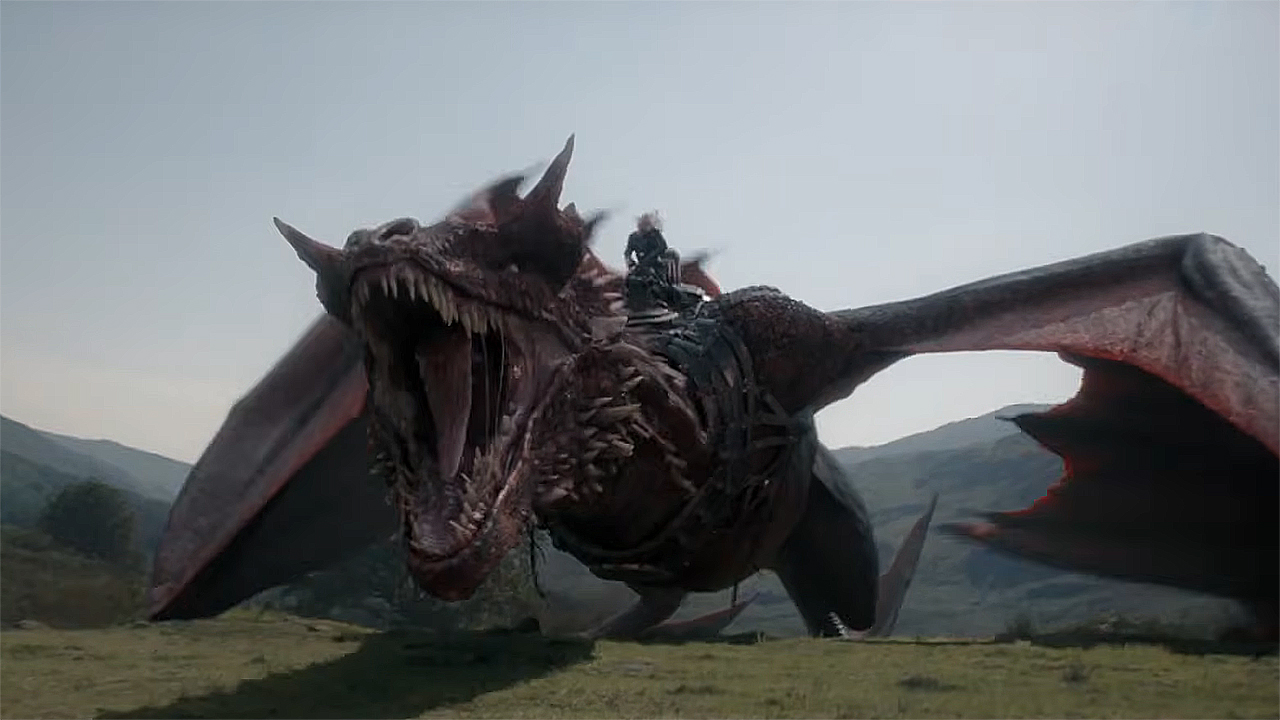 A red dragon roaring on a hill in House of the Dragon season 3