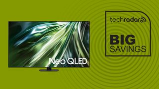 75" Class Samsung Neo QLED 4K QN90D on green background with big savings text