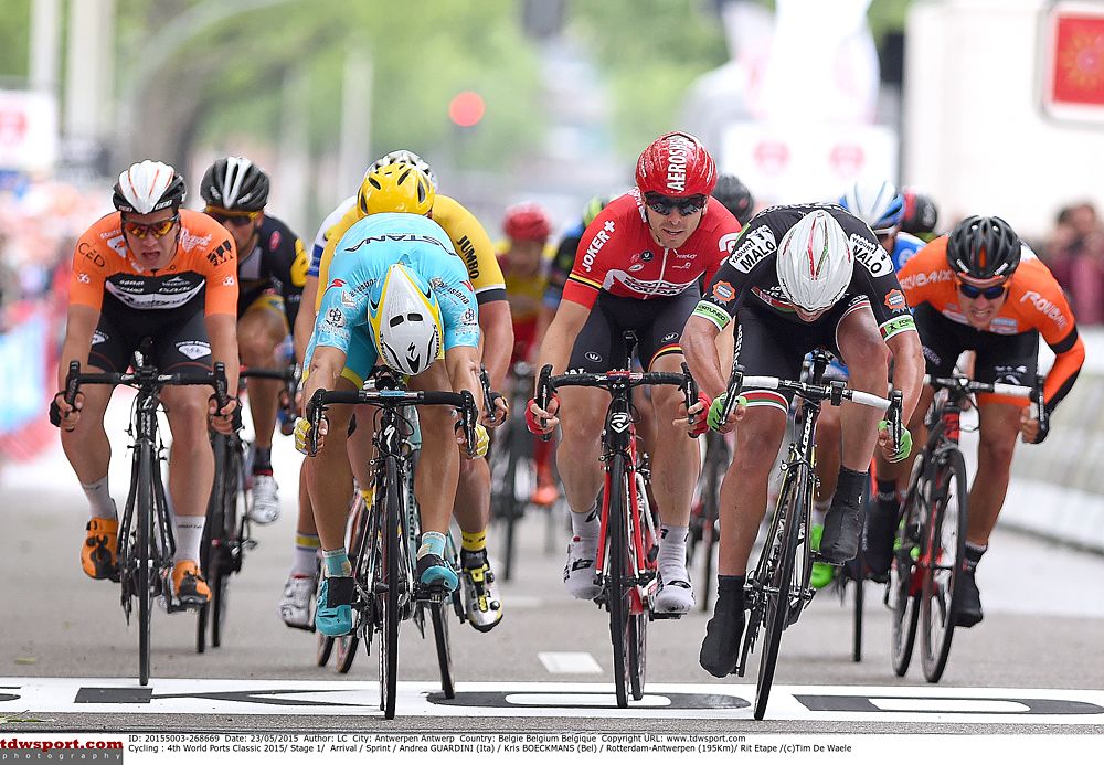 Andrea Guardini (Astana) gallops to the stage 1 victory in Antwerp