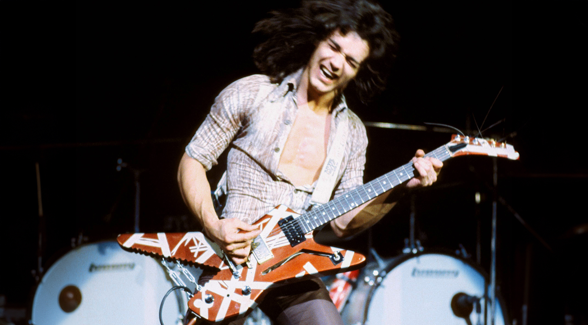 Eddie Van Halen performing live onstage, playing Ibanez Destroyer guitar, May 27, 1978