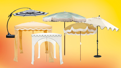 parasols, patio umbrellas, and cabanas on a colorful background