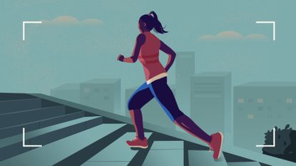 Illustration of woman running up steps in trainers, an example of how to start running