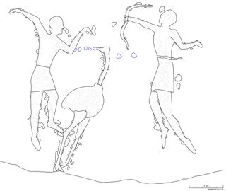A drawing showing the Neolithic rock carving from Qubbet el-Hawa in greater clarity. Mask use was previously unknown from this era of pre-dynastic ancient Egypt.