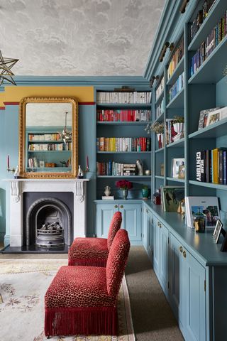 A blue room with red trim