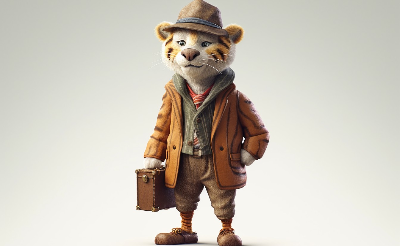 CG image of a cute, friendly Bengal tiger character in the style of Wes Anderson's Fantastic Mr Fox