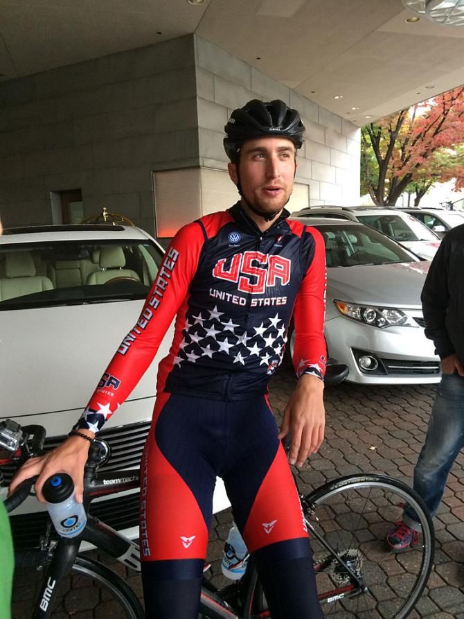 Taylor Phinney talks to the media after riding the 2015 world time trial championship course in Richmond