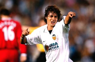 Pablo Aimar celebrates a goal for Valencia against Liverpool in September 2002.