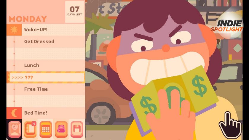 Jenny clasps a dollar bill in Consume Me with a wide and mischievous grin