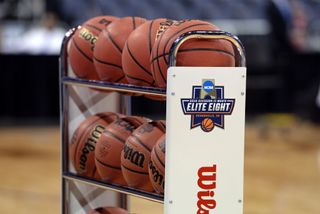 Basketballs on a cart at the an NCAA game in March, 2019.