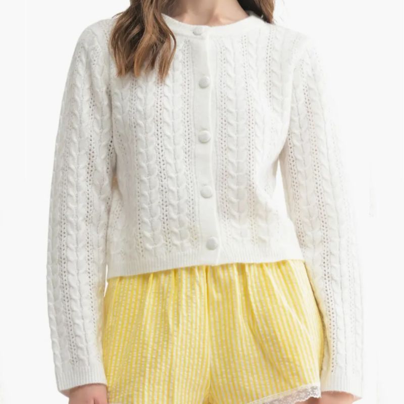 white cableknit cardigan
