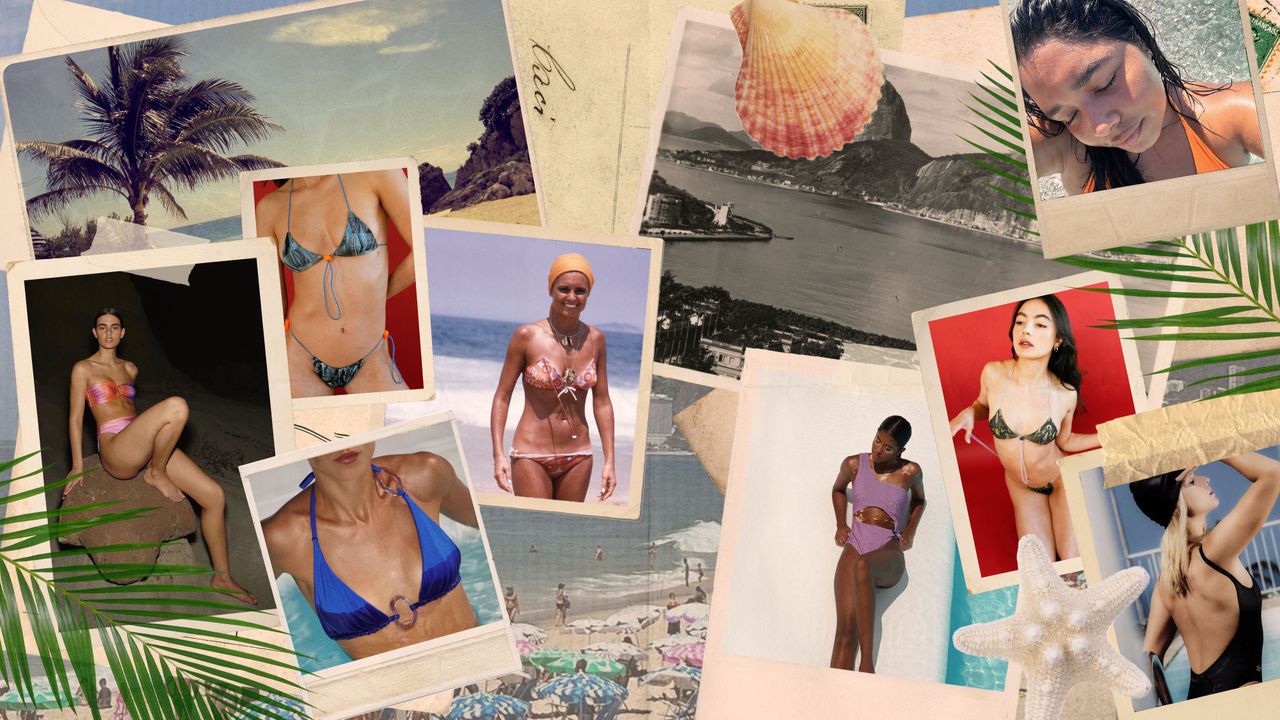 Vintage-inspired collage of photos of Latin models in bikinis.