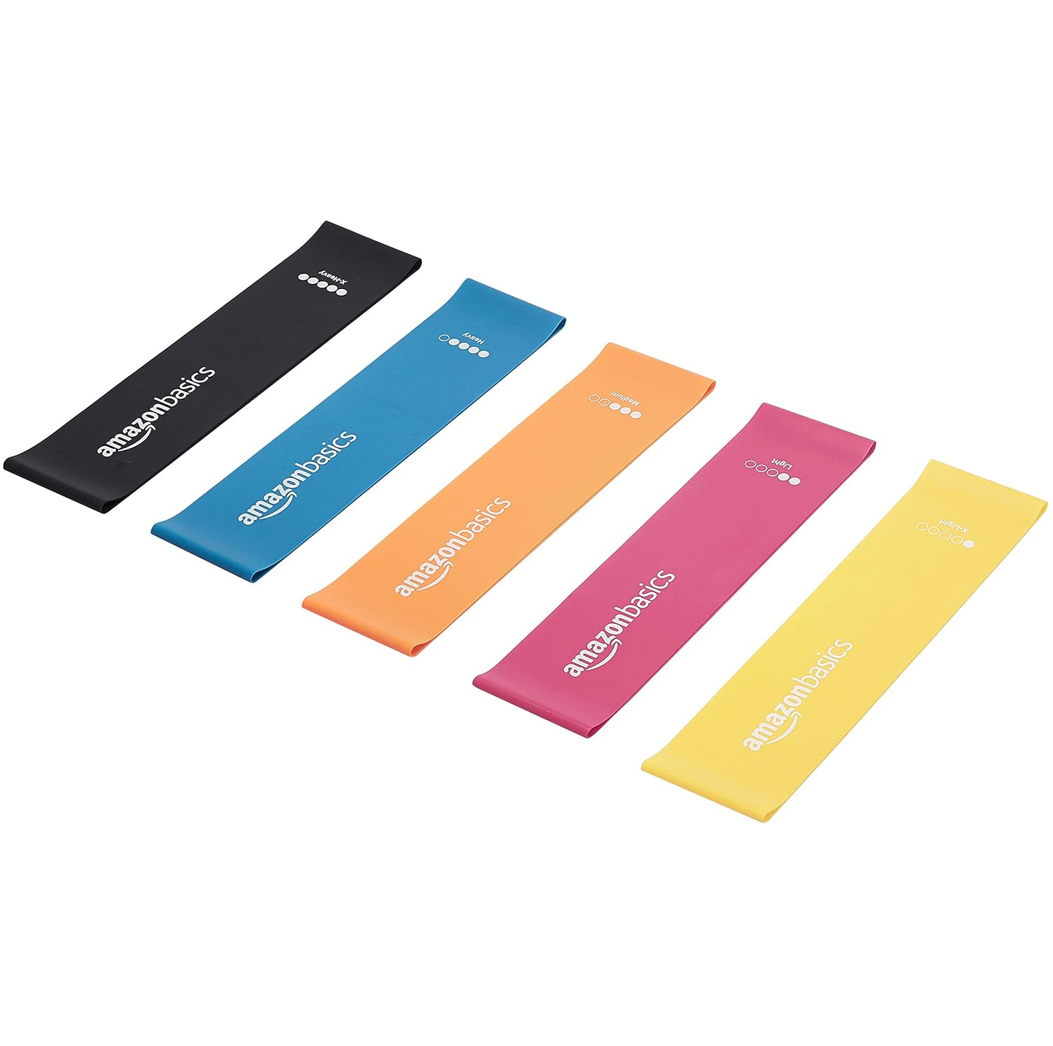 Five small loop resistance bands&amp;mdash;black, blue, orange, pink and yellow&amp;mdash;arranged in a line on a white background