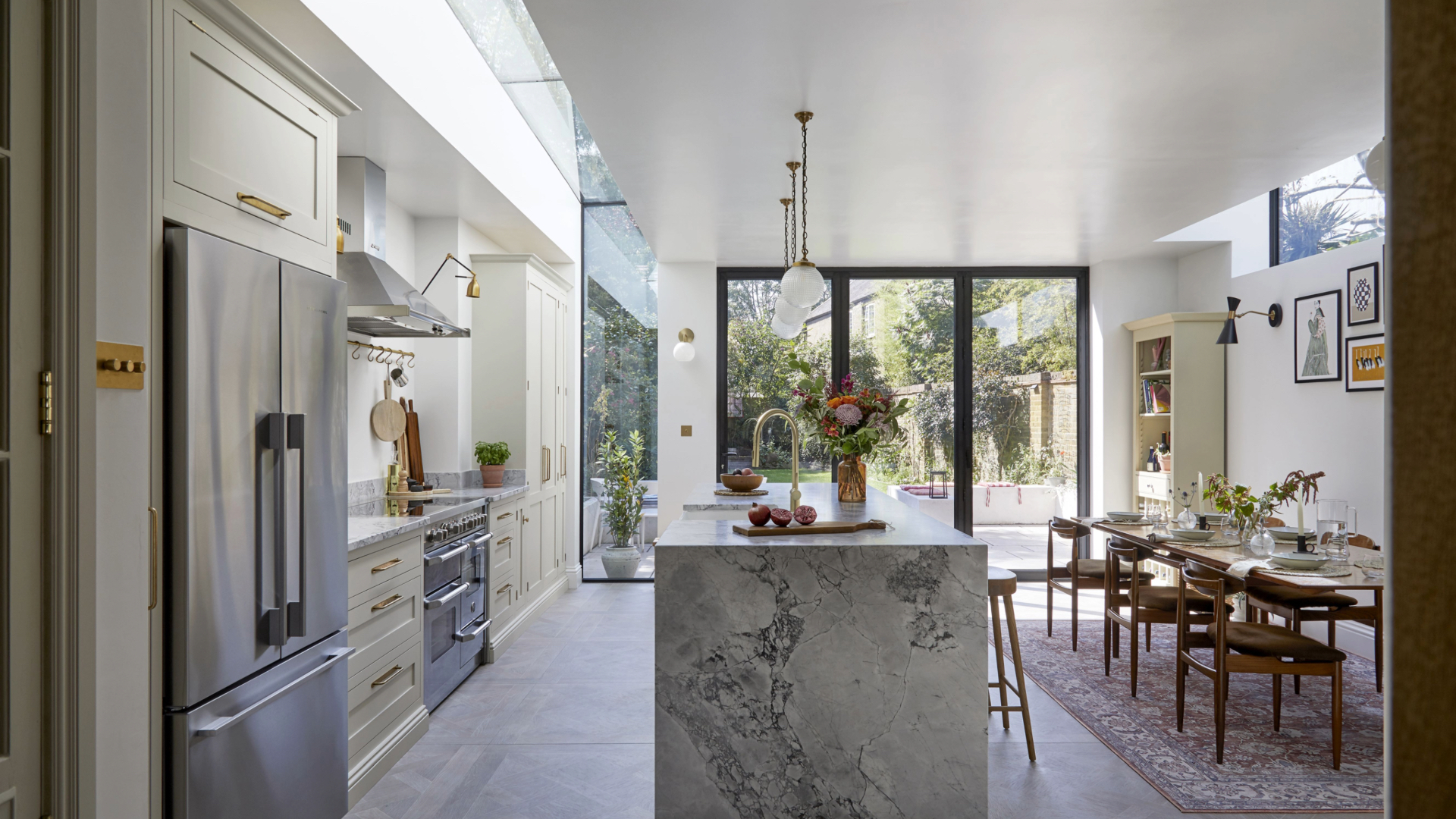 Stone island in large kitchen