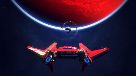 A red Porsche spaceship in front of a red planet