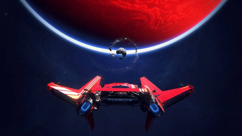 A red Porsche spaceship in front of a red planet