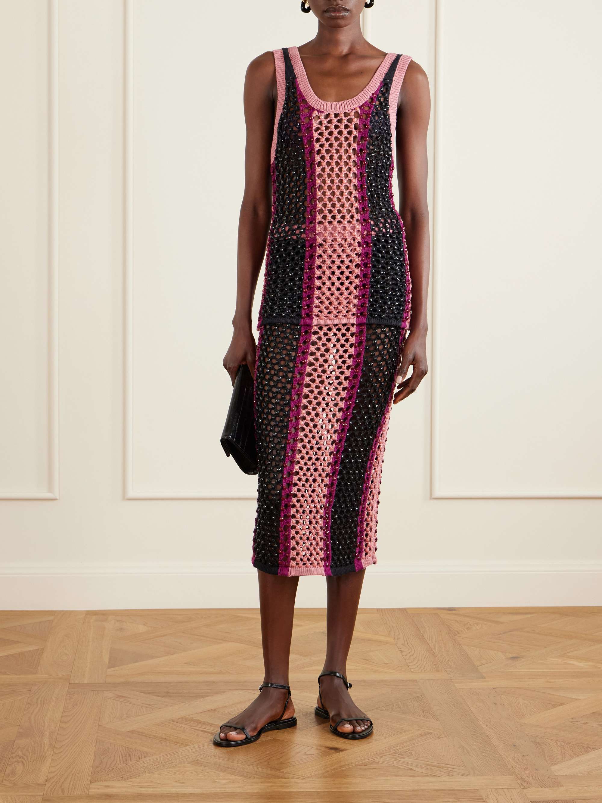 Dennis Crystal-Embellished Striped Crocheted Cotton-Blend Tank