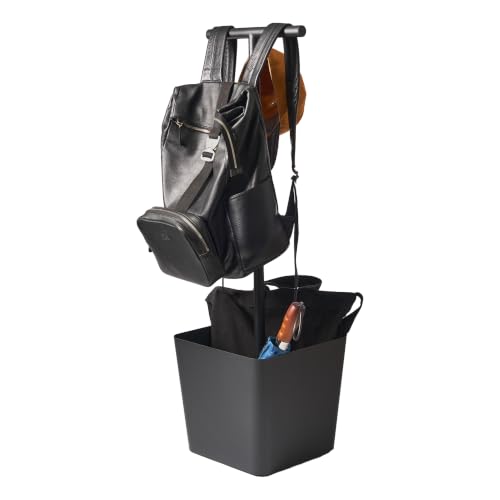 Yamazaki Home Tower Home Backpack Stand With Cubby &amp;ndash; Adult and Kids Backpack Organizer With Hanger Bar, Hooks and Storage Basket for School Bags, Supplies, Entryway - Steel