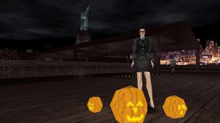 Deus Ex character standing on Liberty Island pier with destroyed Statue of Liberty, New York skyline in background and low poly pumpkins in foreground.