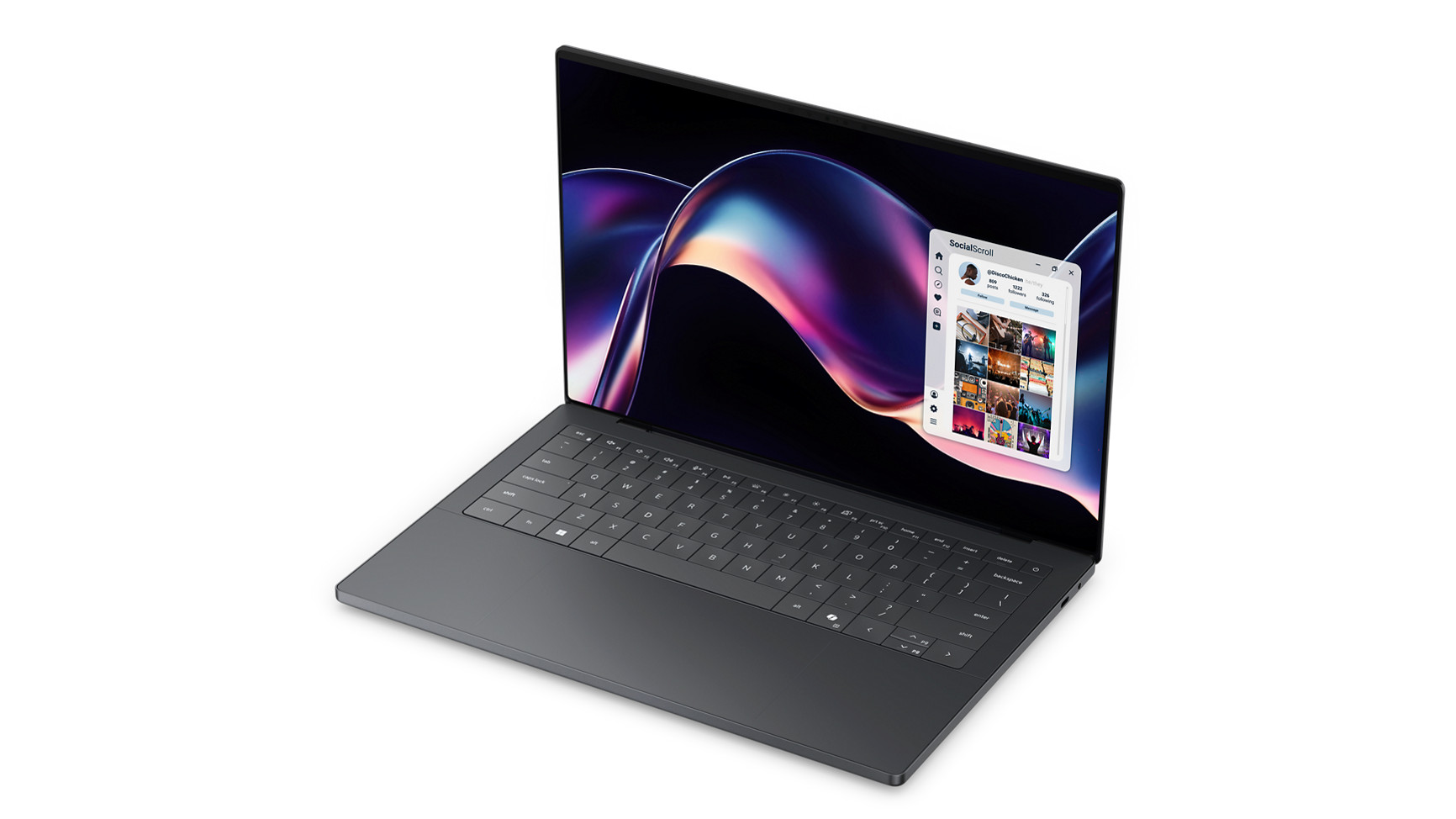 Dell XPS 14 2026 viewed at 45-degree angle, screen and keyboard visible