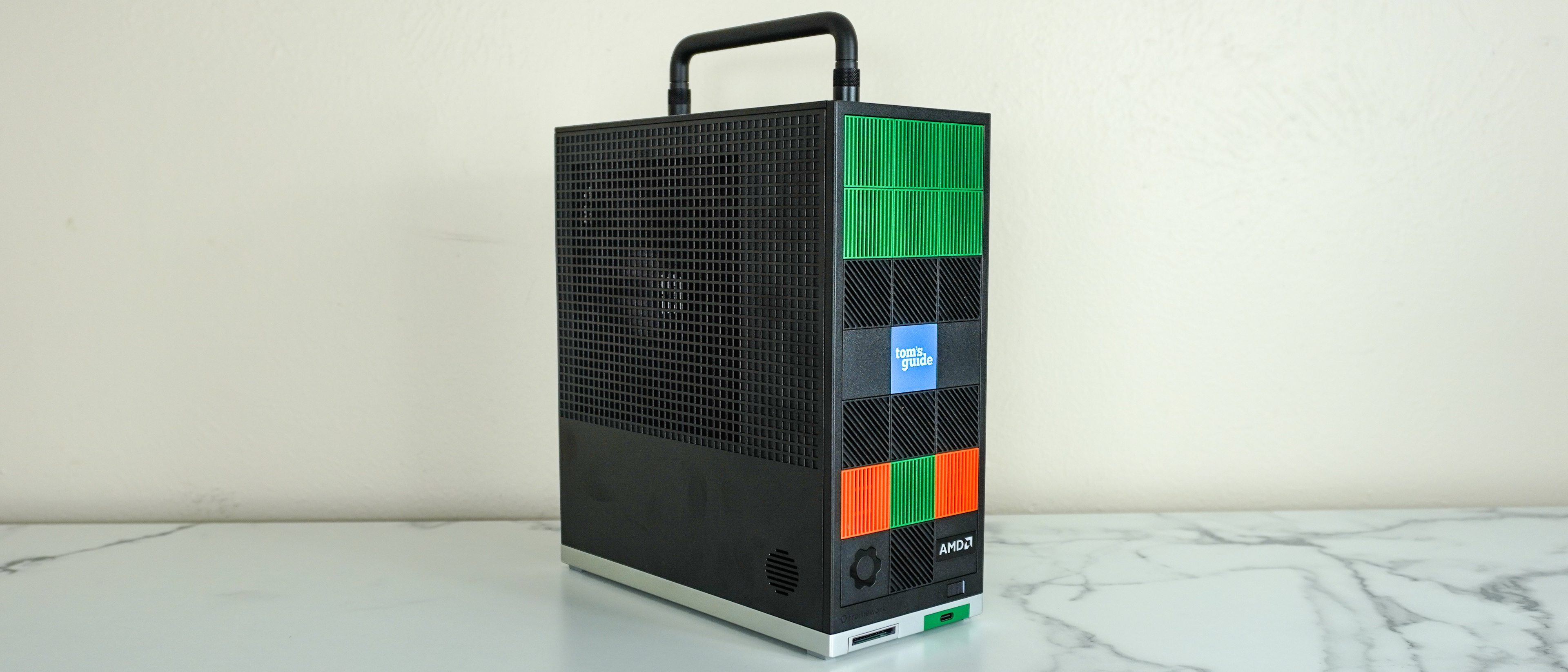 The Framework Desktop on a desk