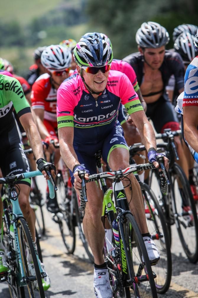 Chris Horner (Lampre-Merida) still back in the bunch lower on the climb.