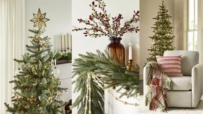 A triptych: a Christmas tree with a brass star topper against a white background; a pine garland on a mantel; and a red throw pillow on a gray armchair before a Christmas tree. 