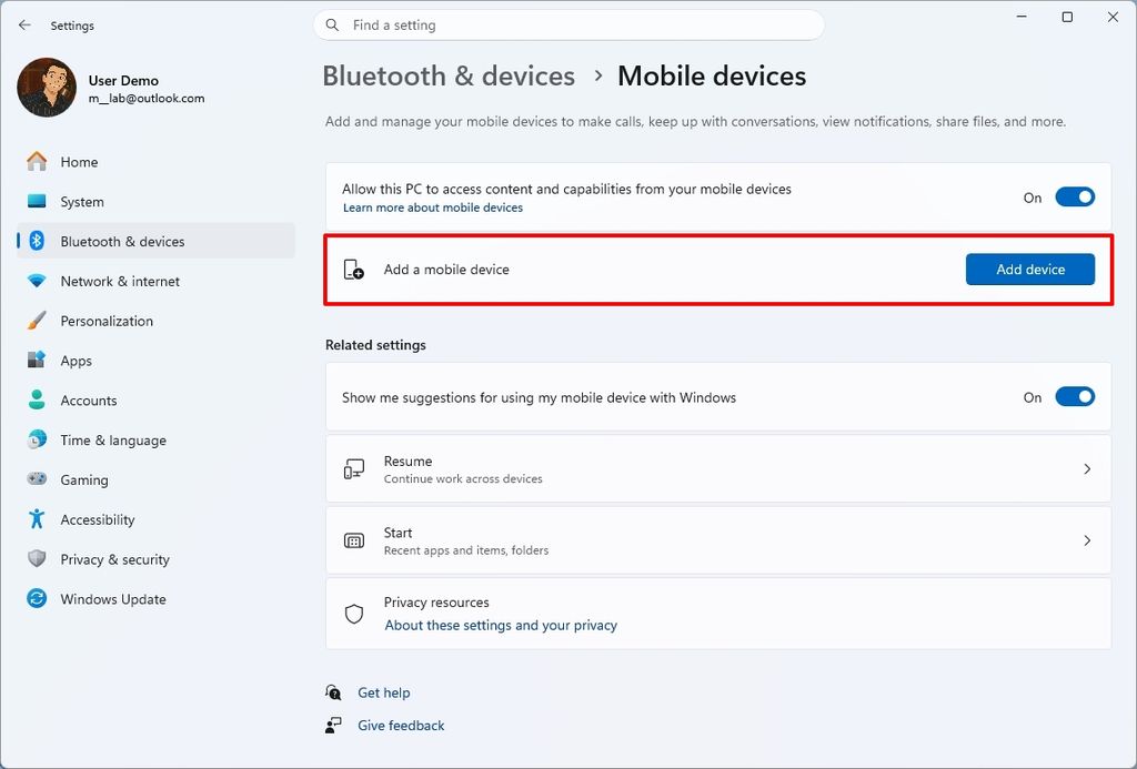 Windows 11 Settings on the Mobile Devices page highlighting the add devices option.
