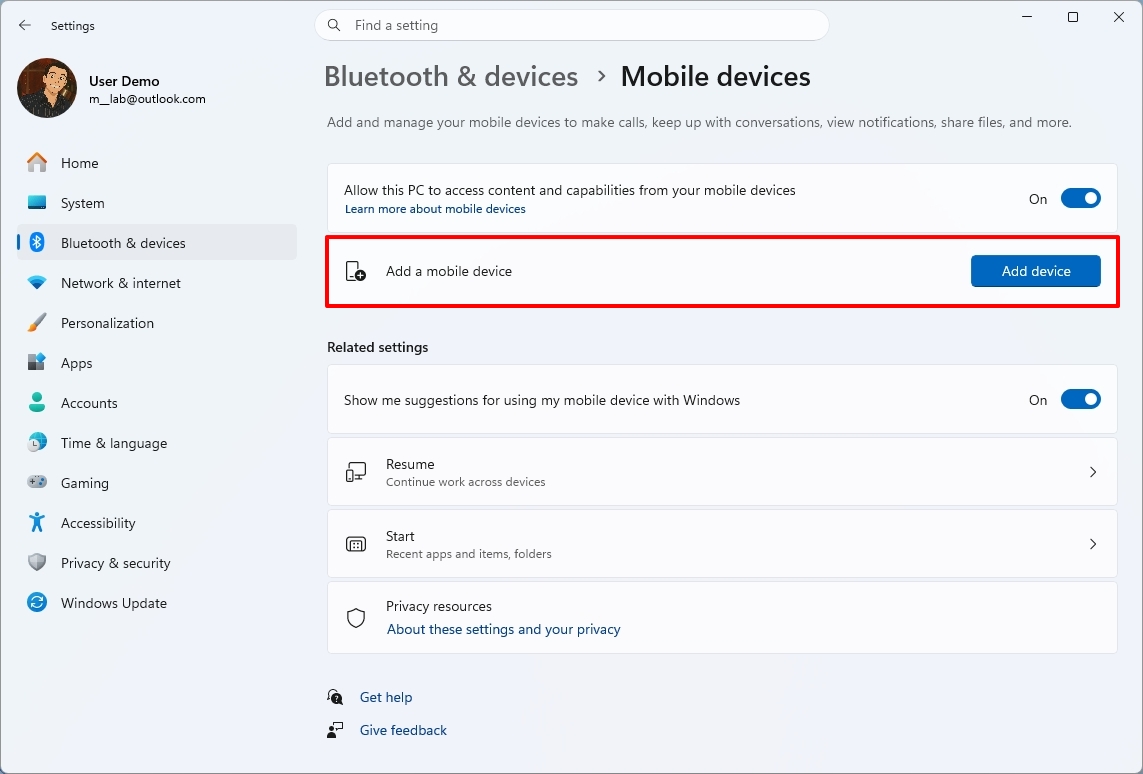 Windows 11 Settings on the Mobile Devices page highlighting the add devices option.