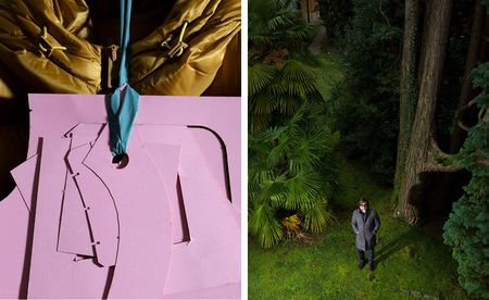 Left, a paper pattern and down jacket in Herno's cutting room. Right, Herno CEO Claudio Marenzi at his HQ near Lake Maggiore